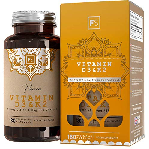 FS Vitamina D3 4000iu y Vitamina K2 100μg Capsulas | 180 Tabletas de Alta Potencia | Suplemento de Vitamin D3 y K2 | Sin OGM, Gluten, Alergenos o Lácteos