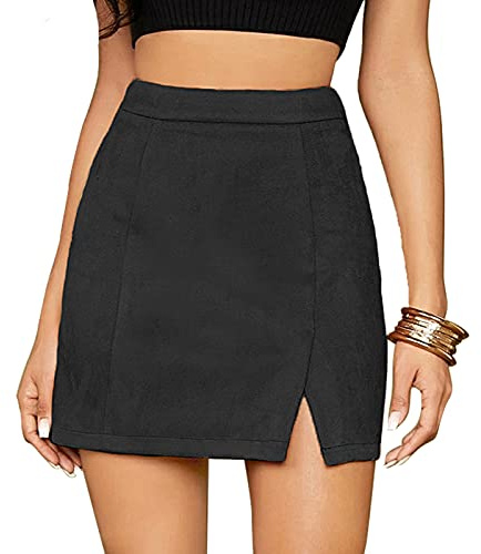 FEOYA Women's High Waist Bodycon Skirt - Leopard Print Split Mini A Line Short Faux Suede Skinny Skirt - Black S