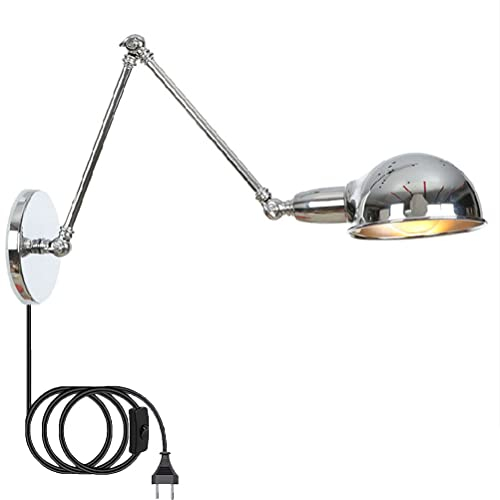 OOWOKS Retro Wandleuchte in Chrom mit Schalter, Schlafzimmer Wandlampe mit Stecker industrial Beleuchtung Wand-Leselampen Schwenkbar Verstellbar Lange Arm Wandbeleuchtung Nachttischlampe Vintage