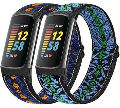 Vodtian - Bracelets élastiques compatibles uniquement avec Fitbit Charge 6/ Charge 5, 2 bracelets de rechange en nylon tressé ajustables et extensibles pour traqueur d'activité Charge 5/Charge 6, pour