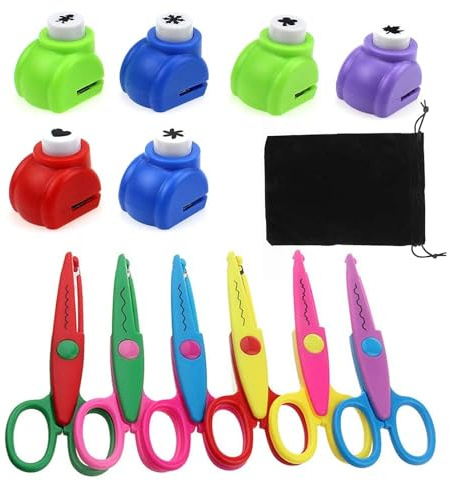 ZJRung 6 Pezzi Forbici per Bambini +6 pezzi Punzonatrice per Carta Perforatore di Carta Decorativa Set di Forbici Colorate per Francobolli Artigianato Creativo Decorazione