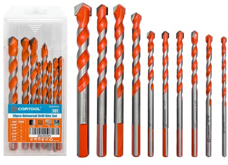 Masonry Drill Bits Set for Tile, Brick, Cement, Concrete, Glass, Plastic, Cinder Block, Wood, Fully Ground with Carbide Tips and Storage Case (5/32-1/2 Masonry Drill Bits 10PCS Set)