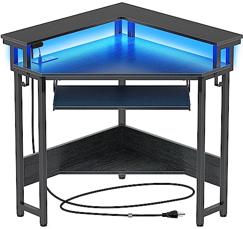 Rolanstar Corner Desk,44 W x 34 H Small Computer Desk with Power Outlets, Gaming Desk with LED Lights, Triangle Corner Table with Keyboard Tray & Monitor Stand for Small Space, Black