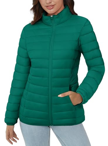 MAGCOMSEN Ladies Jackets Puffer Quilt Long Sleeve Padded Jackets Zip up Outerwear Coats Winter, Emerald Green XXL