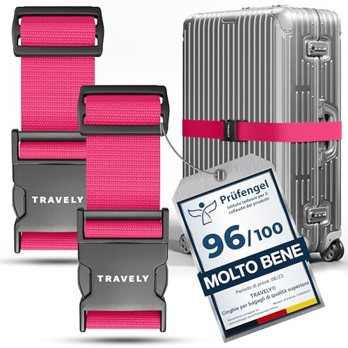 Travely® Cinturino per valigia, particolarmente accattivante e sicuro, include 2 etichette per nome, nastro ideale su croce, set di 2 pezzi, colore rosa
