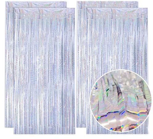 4Pcs 3.2ft x 6.5ft Silver Tinsel Curtains, Foil Fringe Curtain Streamers Backdrop Party Decoration for Wedding Graduation Birthday Christmas Holiday Party Decoration