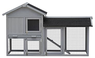SPOFLYINN 2-stöckiger Hasenstall mit Türen Rampe Einfache Montage Holz Kaninchenhaus für kleine mittelgroße Tiere (147,1 cm L x 52,1 cm B x 85,6 cm H) Grau