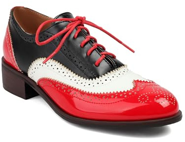 Blano Lofor Women's Wingtips Oxford Shoes Perforated Brogues Multicolor Patchwork Vintage Round Toe Lace-up Low Heels Wing Tip Saddle Oxfords for Women Girls Ladies Red White and Black US Size 10