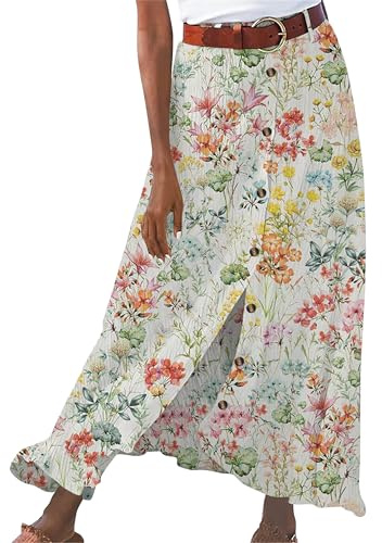 EFOFEI Donna Gonne Stampata Plissettata Estiva Gonna Boho Swing A-Line Gonne Cotone Lino Plissettata Gonna a Spacco Colorata M