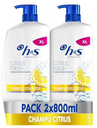 H&S Citrus Fresh Champú Anticaspa Para Pelo Graso 2X800ml, Con Dispensador. Hasta 100% De Protección Anticaspa, Clínicamente Probado. Para Uso Diario