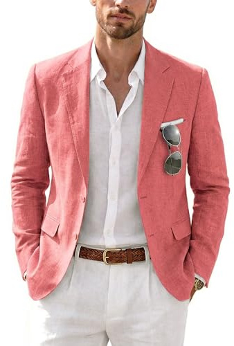 MrSure Men’s 2 Buttons Linen Blazer, Casual Sport Coat, Solid Lightweight Suit Jacket for Daily, Pink, L