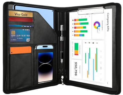 LOPYXBR Schreibmappe A4 Kunstleder Konferenzmappe A4 Business Dokumentenmappe Multifunktional Wasserdicht Arbeitsmappe A4 mit Reißverschluss, Klemmbrett, Taschen, Stift- und Kartenhalter-Schwarz