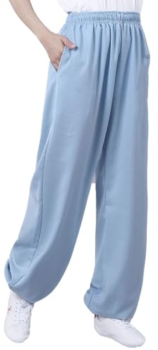 Cotton and Linen Tai Chi Pants for Men Women Training Elastic Belt Kung Fu Trousers Martial Arts Bottoms (Blue, XL)