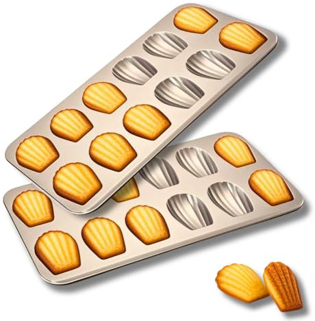 OlBuWa 2 Pack Madeleine Pan, 12-Cavity Heavy Duty Madeleines Cookies Trays for Oven Baking, Nonstick Cookie Cake Madeline Trays, Gold