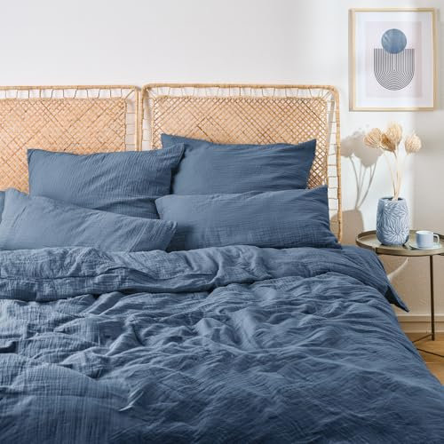 Blumtal Musselin Bettwäsche 135x200 cm + 40x80 cm - Oeko-TEX zert. Bettwäsche Musselin aus 100% Baumwolle - extra weiches Bettwäsche-Set waschbar bei 40 °C - Sommerbettwäsche Dunkelblau
