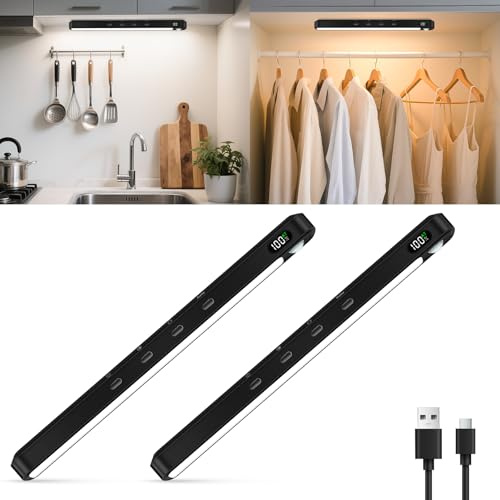 WILLED Under Cabinet Kitchen Lights,64 LED Rechargeable Cupboard Lights,Motion Sensor Lights Indoor,3 Colors Dimmable Wardrobe Lights for Closet,Stair,Hallway,Black(2 Pack)