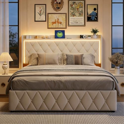 BRILVERDE Letto imbottito 160x200 cm con Contenitore idraulico, Letto matrimoniale con Luci LED e USB, Funzionale con testiera, Struttura letto con rete a doghe, in Velluto (Beige, 160 x 200 cm)