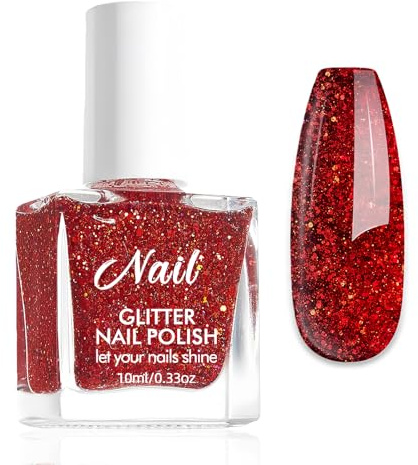 Roter Glitzer Nagellack - Schnelltrocknender Nagellack Mädchen Ungiftig - Wasserbasierter Nagellacke Atmungsaktiv - Sparkling Nail Polish Nagelack Ohne UV Lampe Für Frauen Nail Art (Red, 10ml)
