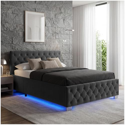 tectake® Letto Matrimoniale Imbottito con Rete a Doghe 120x200 cm, Letto Contenitore Matrimoniale e Illuminazione LED, Struttura in Acciaio, Velluto Trapuntato Chesterfield, con Telecomando - Nero