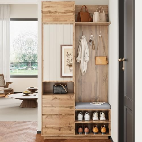 Moimhear Perchero compacto con espejo y banco, 90 x 34,5 x 190 cm, perchero con zapatero y ganchos, perchero para ropa, perchero de pasillo (natural)