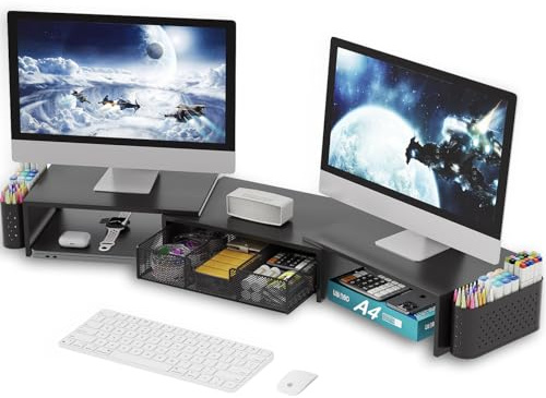 BOKIOVIN Soporte Metálico Doble para Monitor, Elevador de Monitor de Ordenador de Sobremesa con Cajón y 2 Portalápices, Soporte Doble para Portátil, PC, Ordenador e Impresora (Negro)