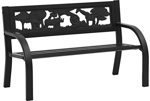 Ordellia barnträdgårdsbänk stål 86 cm med ryggstöd, robust och väderbeständig, perfekt för terrass, balkong eller trädgård, stabil sits för barn, dekorativa djur- och växtmotiv