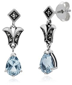 Gemondo Topaz Earrings, Sterling Silver Blue Topaz & Marcasite Pear Art Nouveau Drop Earrings