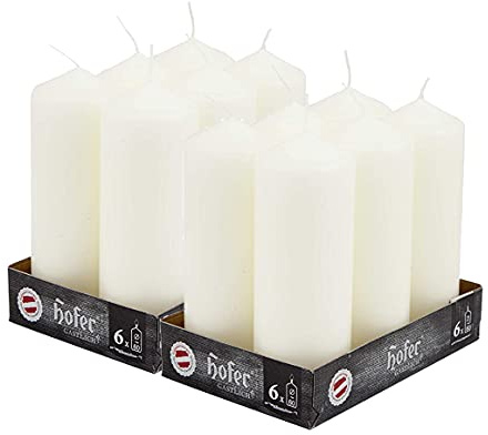 Hofer Candele Cilindriche a Colonna - 6 x 16,5 cm - Colore Avorio - Set di 12 Candele Grandi - Lunga Durata: 54 Ore - SNon Profumate - Cera Antigoccia - Qualità RAL