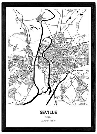 Nacnisk affisch med karta över Sevilla - Spanien. Blad av städer i Spanien med hav och floder i svart färg. A4-storlek