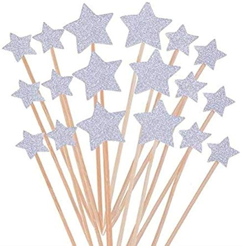 Decorazioni per Torte,50 Pack Toppers Cupcake Decorazioni Glitter Forma di Stella Cake Toppers Star per Matrimoni Compleanni Parti Fruit Argento 9.2CM