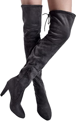 shownicer Donna Stivali Moda Sexy Casual Elegante Invernali con Tacco Alti sopra Il Ginocchio Tacchi Alti Inverno Scamosciato Boots con Chiusura Lampo Laterale Grigio 42 EU