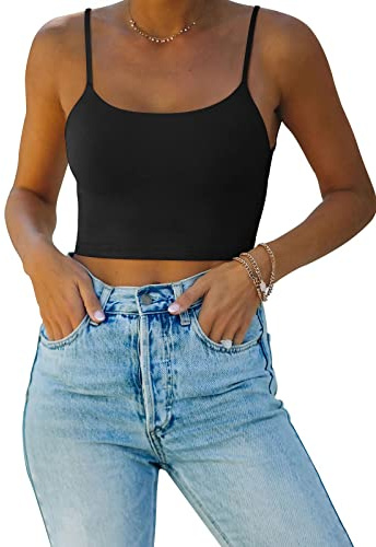 REORIA Women's Summer Sexy Sleeveless Adjustable Spaghetti Strap Cami Camisole Basic Fitted Seamless Yoga Cropped Tank Cute Crop Tops Black Large