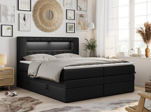 MKS MEBLE Boxspringbett 140x200 mit Led Kunstleder Schwarz, Polsterbett mit LED Kopfteil, Multipocket Matratze H3, Doppelbett mit Bettkasten Stauraumbett - GOLD-5-KING - Kunstleder Schwarz