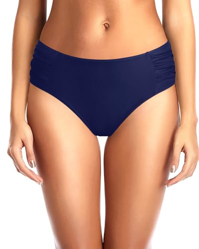 Tempt Me Women Navy Blue Bikini Bottoms Mid Waist Ruched Bathing Suit Swimsuit Full Coverage Swim Bottom L