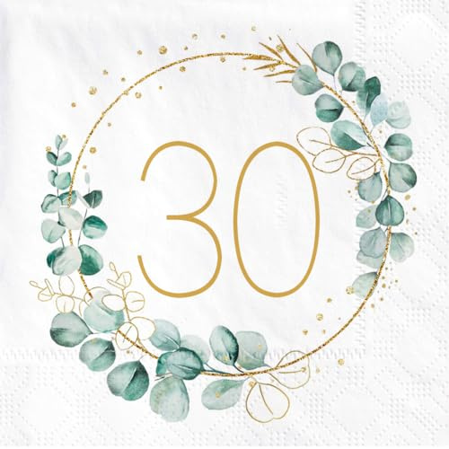 40 Pièces Serviettes 30e Anniversaire - Papier Vert Eucalyptus - Joyeux 30 Ans Homme Femme - Décoration de Table