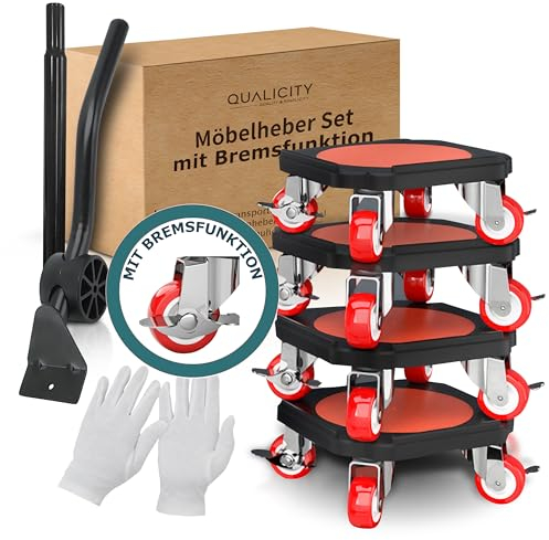 Der QUALICITY® Möbelroller mit BREMSEN – 4 Möbelgleiter und Transportrollen mit Bremse - Ideale Möbelrollen für mühelosen Transport – Hochwertiger Möbelheber und Transportroller mit Anti-Rutsch-Rand