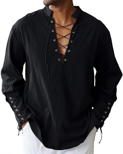 LUYANA Chemise médiévale en lin à lacets pour homme - Chemise de pirate - Renaissance viking - Col montant, Noir , M