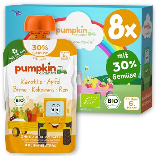 Pumpkin Organics Bio Gemüse-Getreide-Quetschies 8er Pack Karotte, Apfel, Birne, Kokosnuss, Reis ohne Zuckerzusatz¹ - ab dem 6. Monat - als Snack oder Beikost für unterwegs - glutenfrei (8x100g)