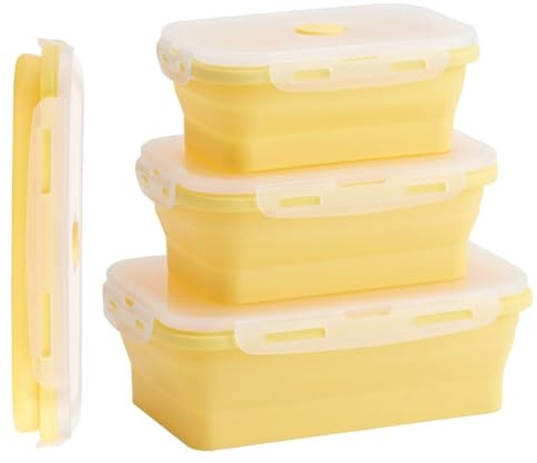 König Design Faltbare Frischhalteboxen 4 Stück Faltbare Frischhaltedosen Brotdosen aus Silikon Faltbare Silikon Brotbox Silikon Frischhaltedosen Silikon Faltbare Set (Gelb)