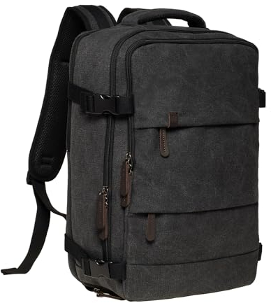 KAUKKO Canvas 40L Reiserucksack, Freundlich Handgepäck Rucksack Travel Backpack für 15,6 Zoll Laptop, Flug Genehmigt Bordgepäck Wasserabweisend Kabinenrucksack für Weekender Trip, FH12-Schwarz