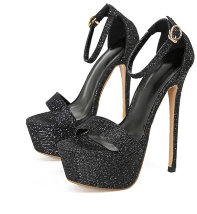16CM/6.30IN Plate-Forme de Mode pour Femmes Talons Hauts Sandales Stiletto Dames Sexy Pompes Chaussures pour Robe Bureau de fête de Mariage,Noir,44 EU