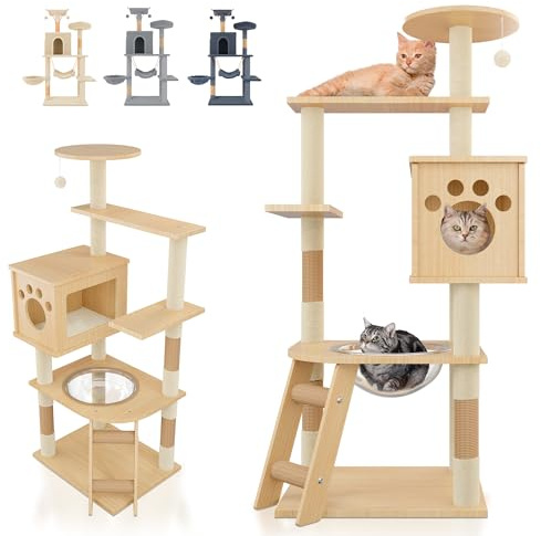 JUPPLIES Árbol Rascador para Gatos 141 cm – Torre de Actividades con 5 Plataformas, 2 Nidos, 1 Canasta Central y 1 Caseta - Postes de Sisal y Base Estable 50 × 40 cm - Ideal para Hogares (Madera)