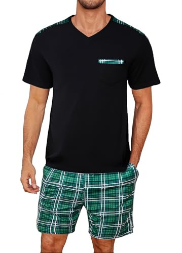 Litherday Pyjamas, herr, kort, bomull, rutig, pyjamas-set, tvådelad, kortärmad med fickor, t-shirt, pyjamasbyxor, sommar, sovkläder för män