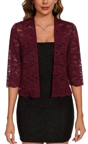 Kyzoeyou Cárdigan tipo bolero de encaje con frente abierto para mujer, manga 3/4, informal, elegante, para cubrir el vestido, R rojo vino, XL