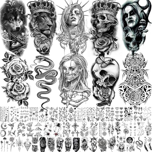 62 Sheets Large Wolf Lion Skeleton Temporary Tattoos For Men Women Arm, 3D Temp Bulk Realistic Tattoo Stickers For Adults Neck, Black Scary Skull Halloween Vampire Fake Tatoos Snake Flower Compass