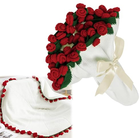 YuLiMirich Manta de ramo de flores, 110 x 110 cm, manta de rosas hecha a mano, manta de rosas de ganchillo, manta de flores de ganchillo, suave y ligera, cumpleaños, decoración del hogar - rojo