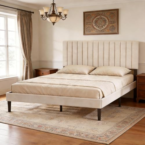 KUTAS 5FT King Size Bed Frame 150 x 200 cm, Upholstered Bed Frame with Adjustable Headboard (3 Heights), Heavy Duty Metal Frame, Easy Assembly, Noise Free, Underbed Storage, 500kg,No Box Spring, Beige