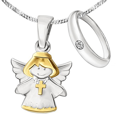 CLEVER SCHMUCK Juego de 2 colgantes de plata con colgante de ángel infantil bicolor con cruz parcialmente chapada en oro y anillo de bautizo sencillo con circonita blanca y cadena de 34 cm de plata de
