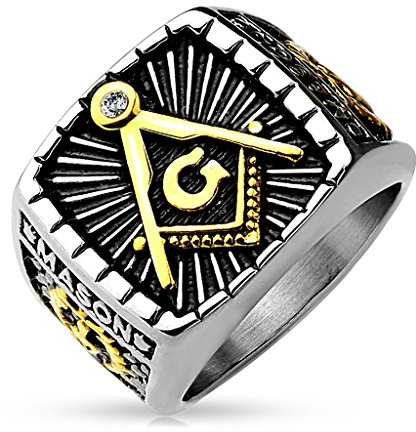 Autiga Freimaurer Ring Herren Edelstahl Tempelritter Ring Masonic Siegelring Symbol G Winkel und Zirkel Silber 62 - Ø 19,76 mm