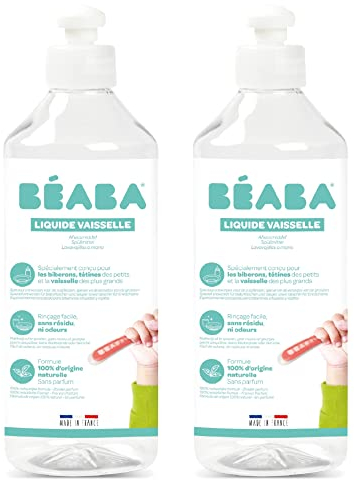 BÉABA, Liquide Vaisselle pour Biberons et Accessoires Repas, 100% d'Origine Naturelle, Made in France, Sans Parfum, Flacons 100% Lot de 2x500 ml